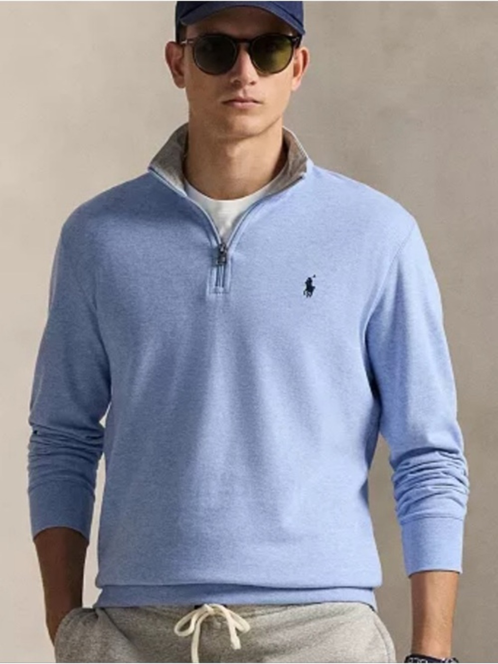 Ralph Lauren Men’s Light Blue 1/4 Zip Sweater with Navy Polo Logo
